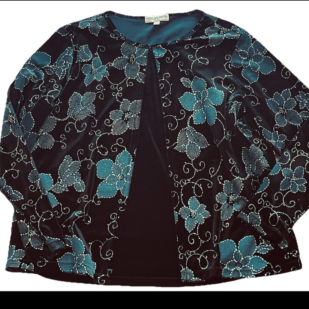 Notations woman 1990s ladies size 1X black blue floral sparkle twinset holiday